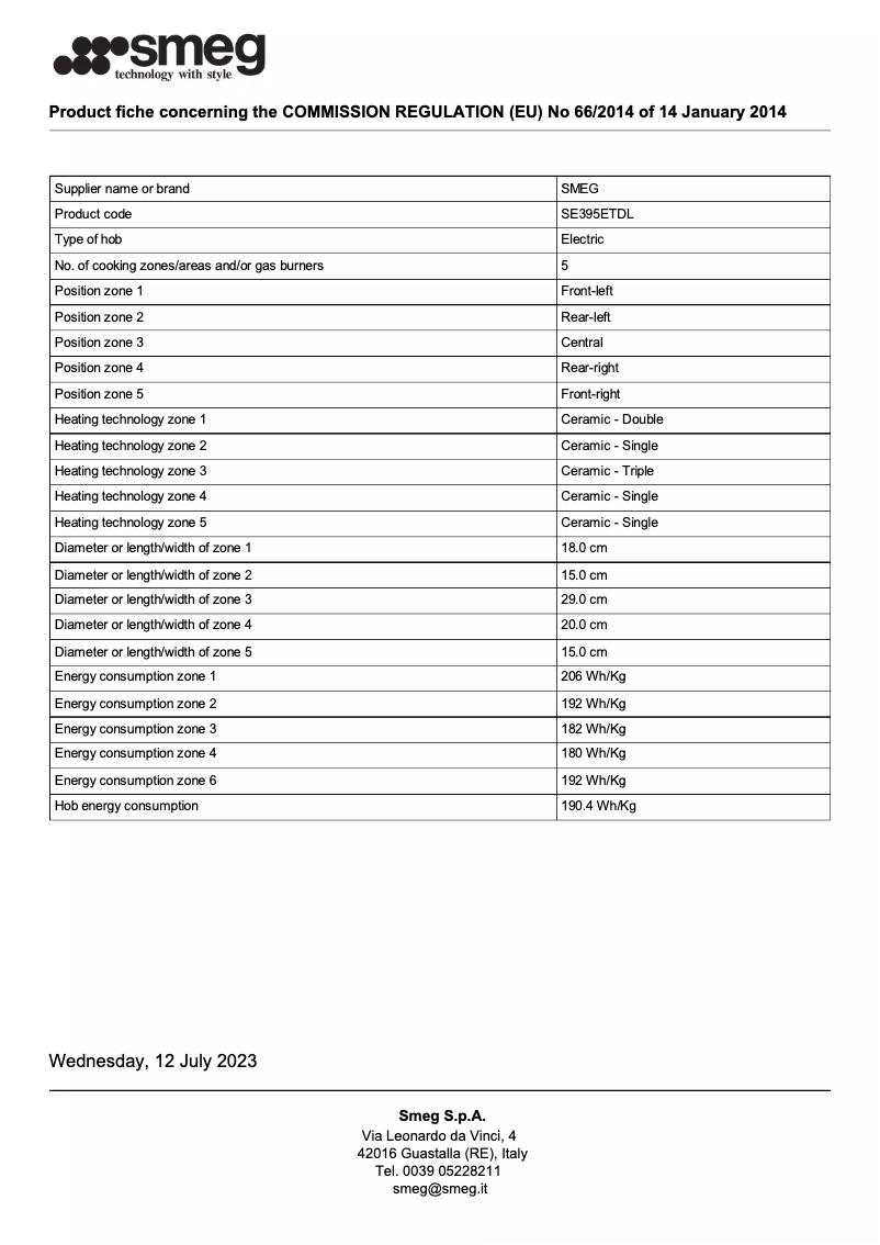 Page 1 de la notice Fiche technique Smeg SE395ETDL