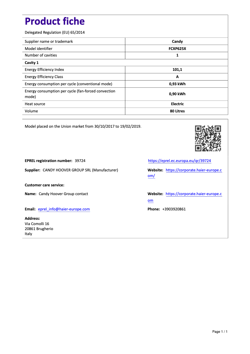 Page n°1 - Manuel utilisateur Candy FCXP625X