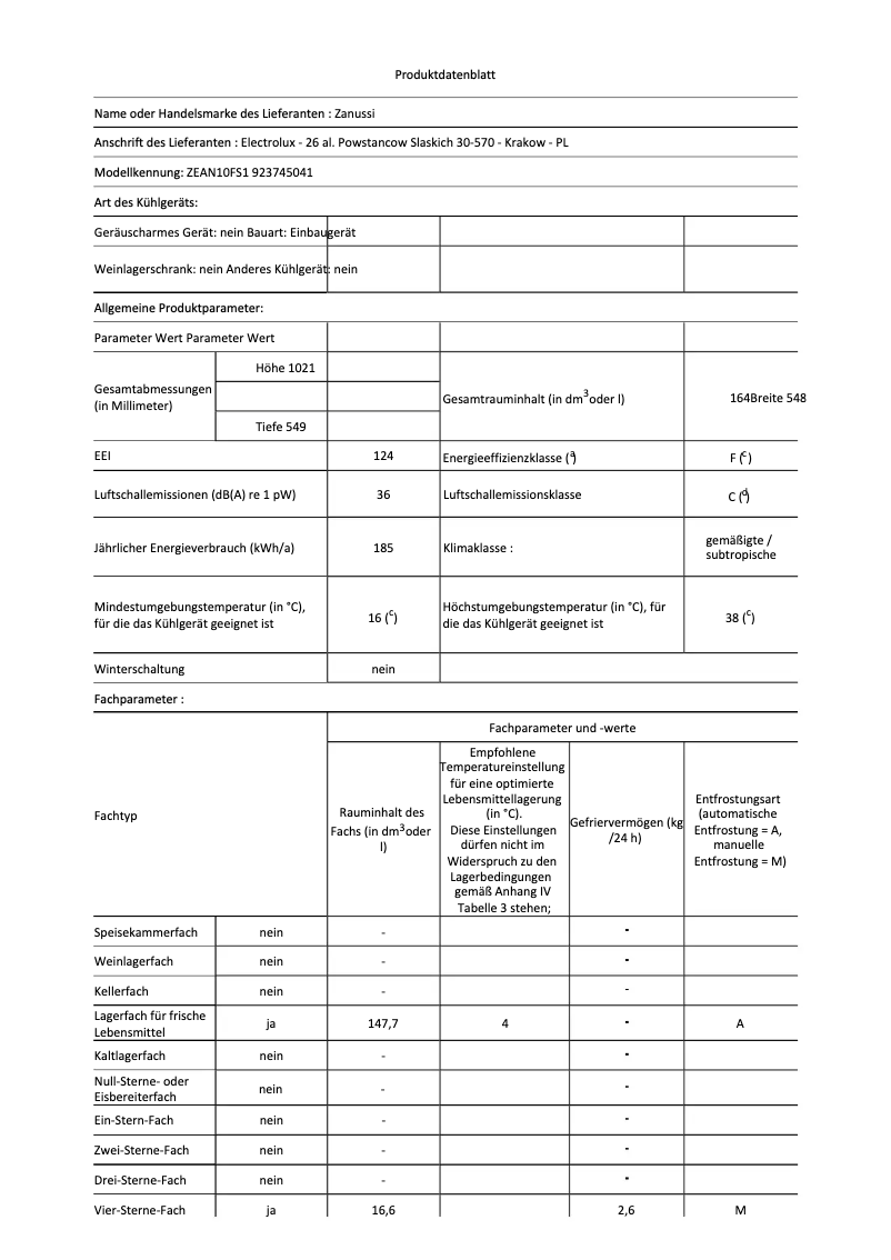 Page n°1 - Fiche technique Zanussi ZEAN10FS1