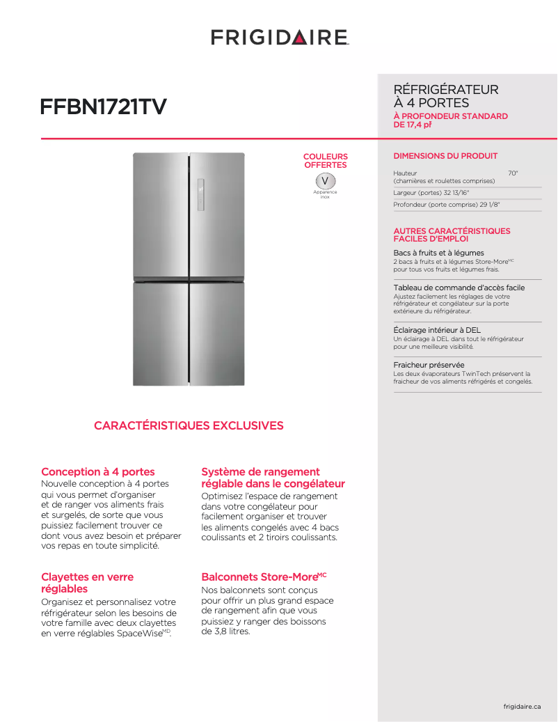 Page 1 de la notice Fiche technique Frigidaire FFBN1721TV