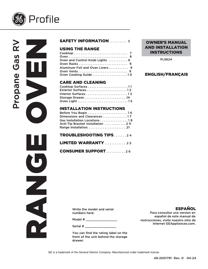 Page n°1 - Manuel d'utilisation et d'entretien GE Profile PLS624RTSS