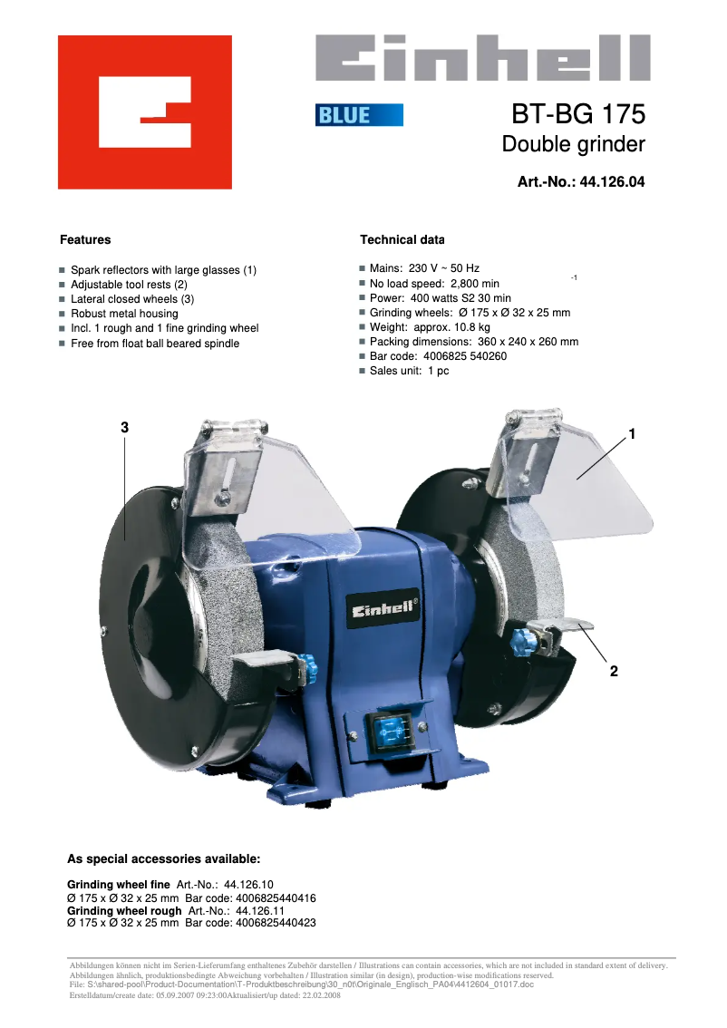 Page 1 de la notice Manuel utilisateur Einhell BT-BG 175