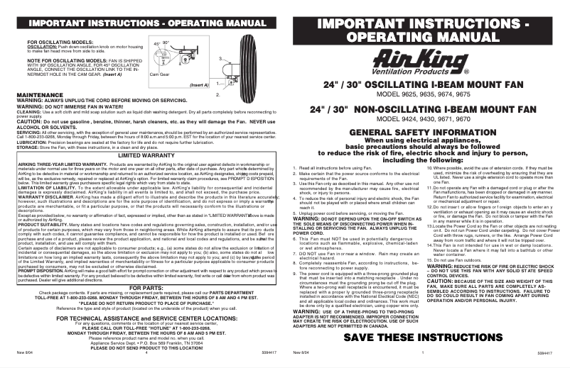 Page 1 de la notice Manuel utilisateur Air King 9424