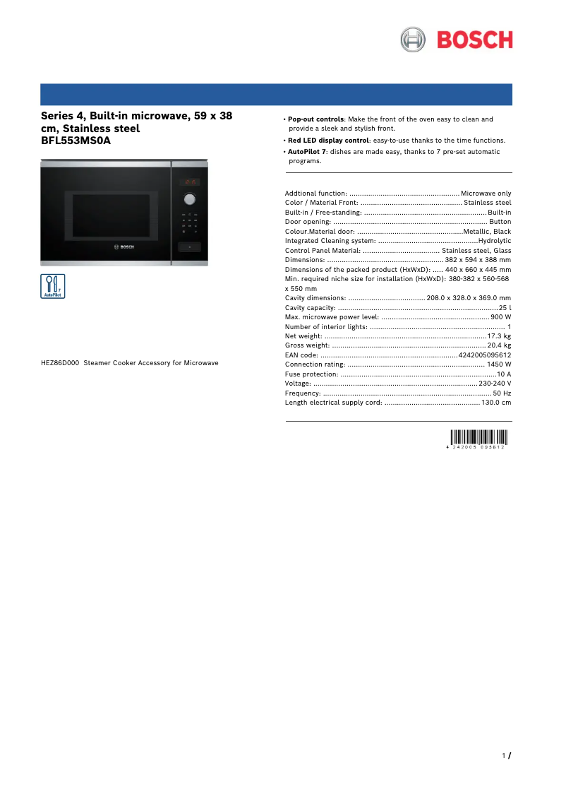 Page 1 de la notice Fiche technique Bosch BFL553MS0A