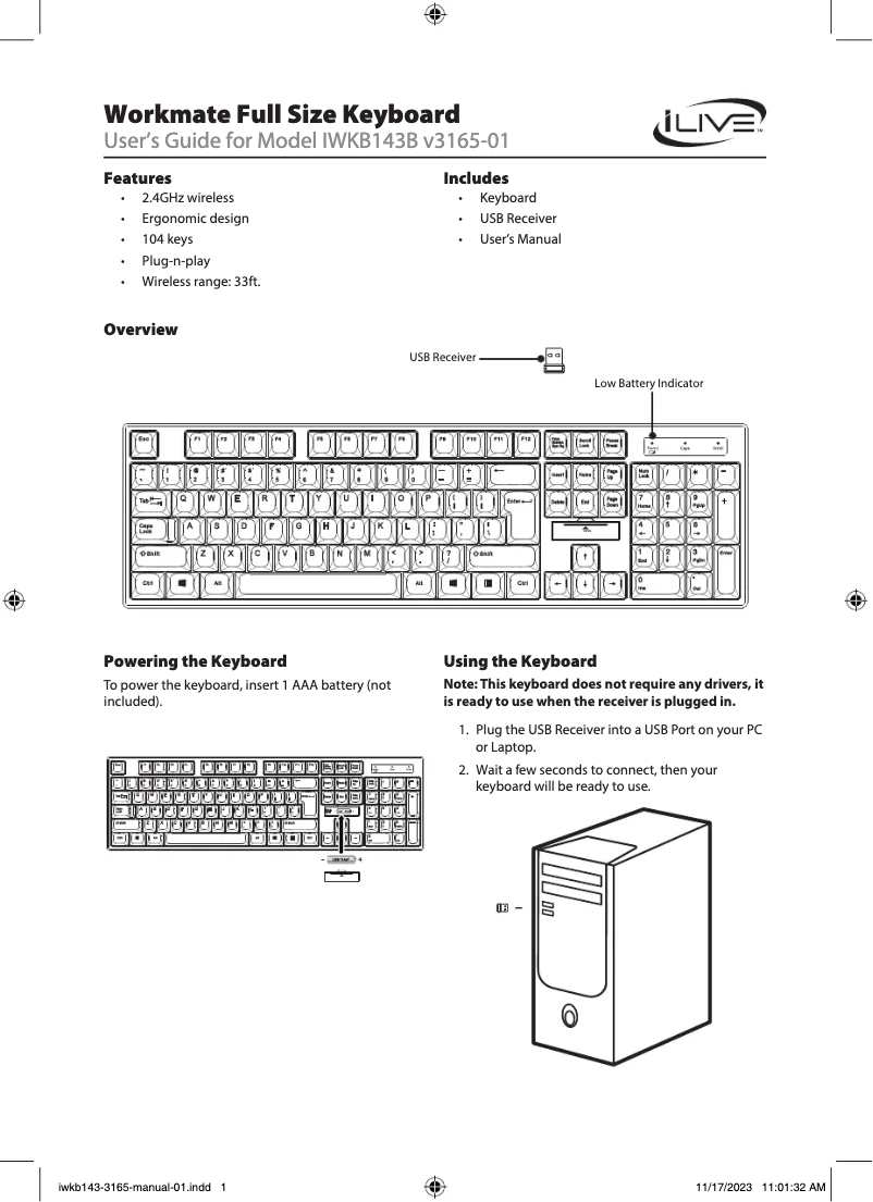 Page 1 de la notice Manuel utilisateur iLive IWKB143B