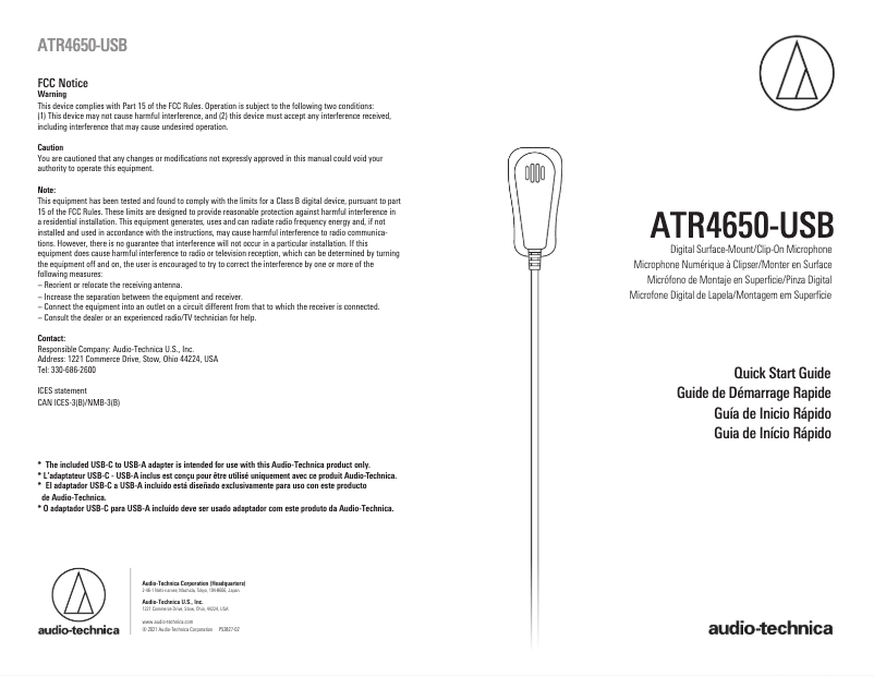 Page 1 de la notice Guide de démarrage rapide Audio-Technica ATR4650-USB