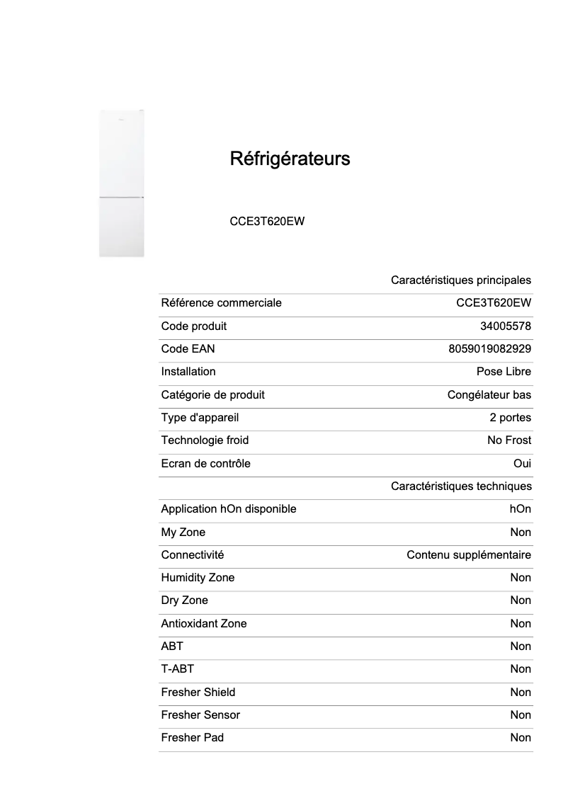 Page 1 de la notice Fiche technique Candy CCE3T620EW