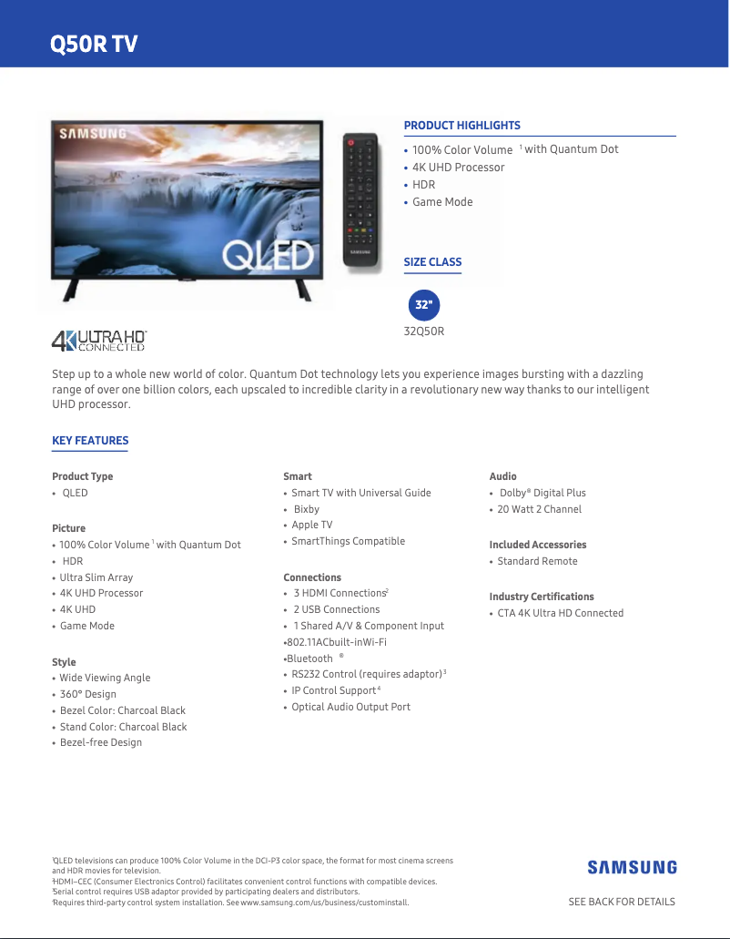Page 1 de la notice Fiche technique Samsung QN32Q50RAFXZA