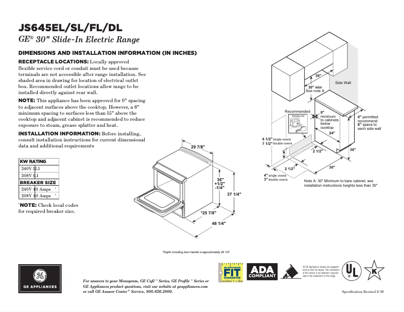 Page 1 de la notice Fiche technique GE JS645DLWW