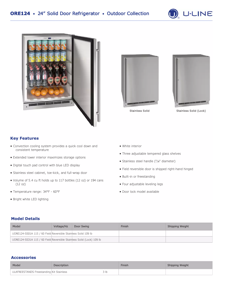 Page n°1 - Fiche technique U-Line UORE124