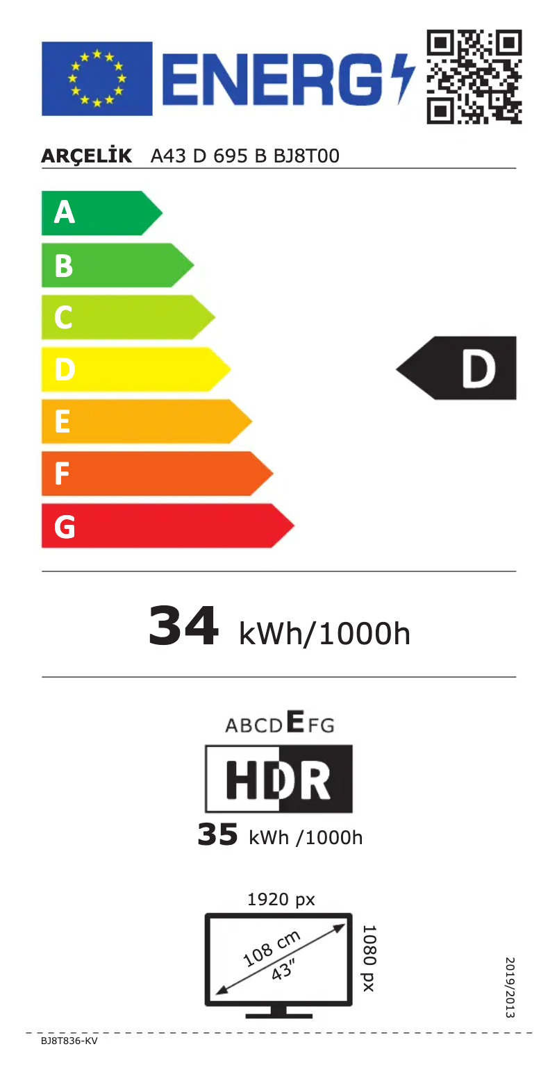 Page n°1 - Label énergétique Arçelik A43 D 695 B