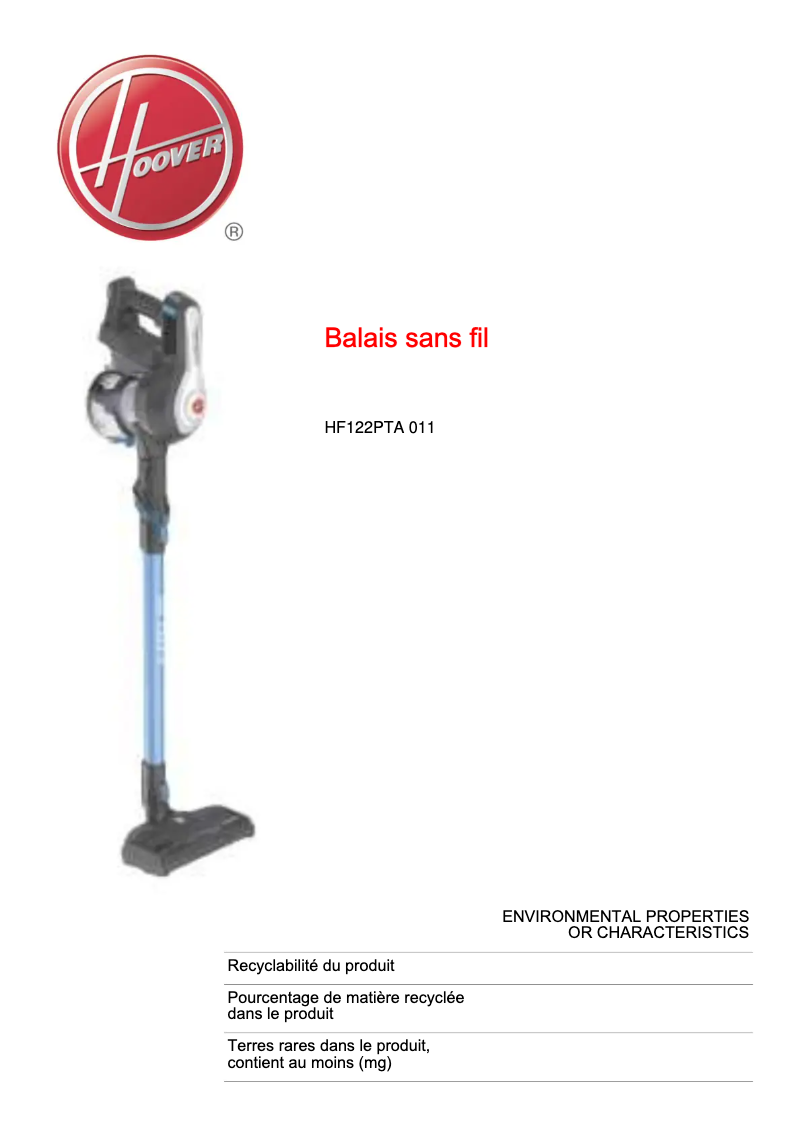Page n°1 - Fiche technique Hoover H-Free 100