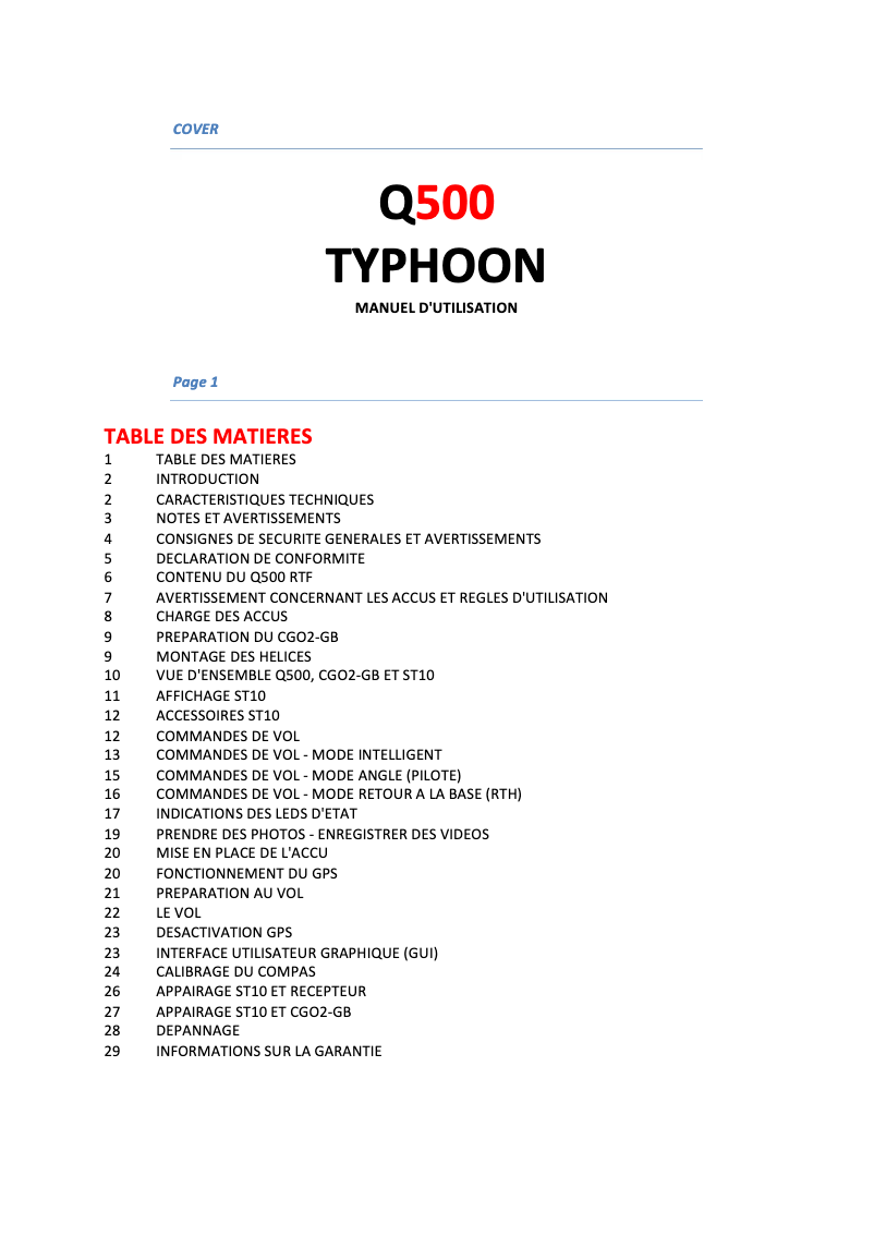 Page 1 de la notice Manuel utilisateur Yuneec Typhoon Q500