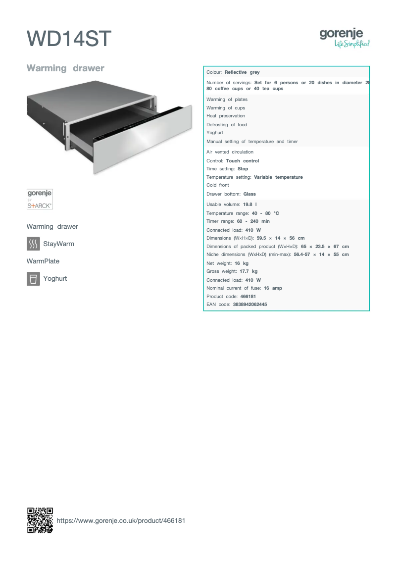 Page 1 de la notice Fiche technique Gorenje WD14ST