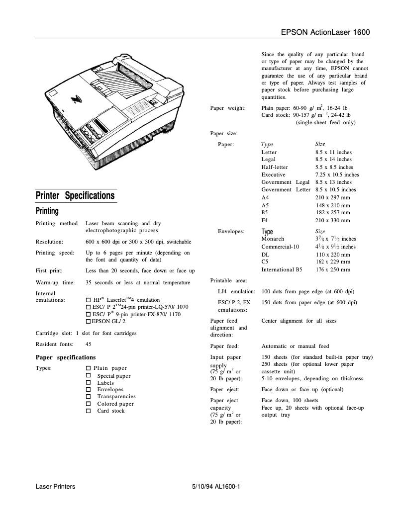 Page n°1 - Fiche technique Epson ActionLaser 1600