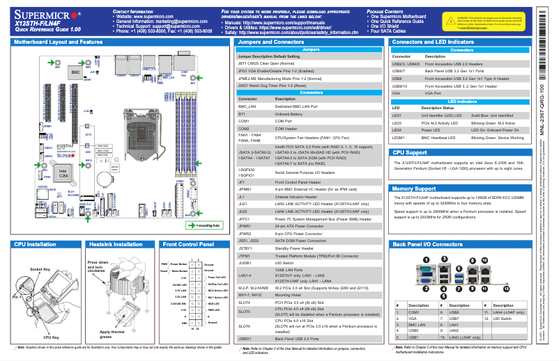 Page 1 de la notice Guide de démarrage rapide Supermicro X12STH-F
