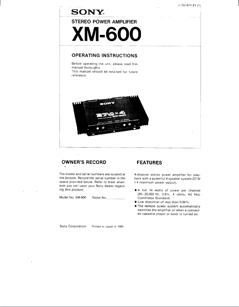 Page n°1 - Manuel utilisateur Sony XM-600