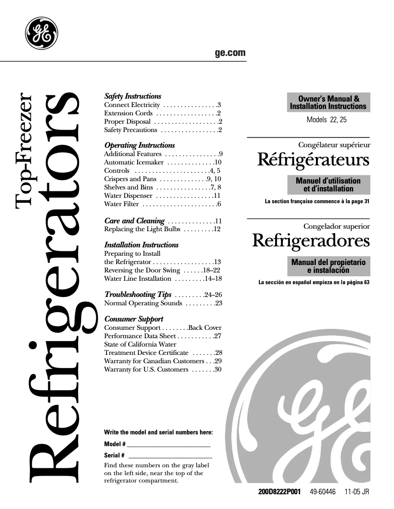 Page 1 de la notice Guide d'installation GE PTS22LCPWW