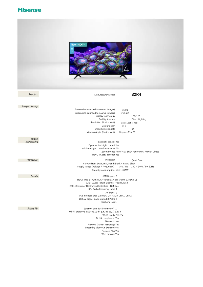Page 1 de la notice Fiche technique Hisense 32R4