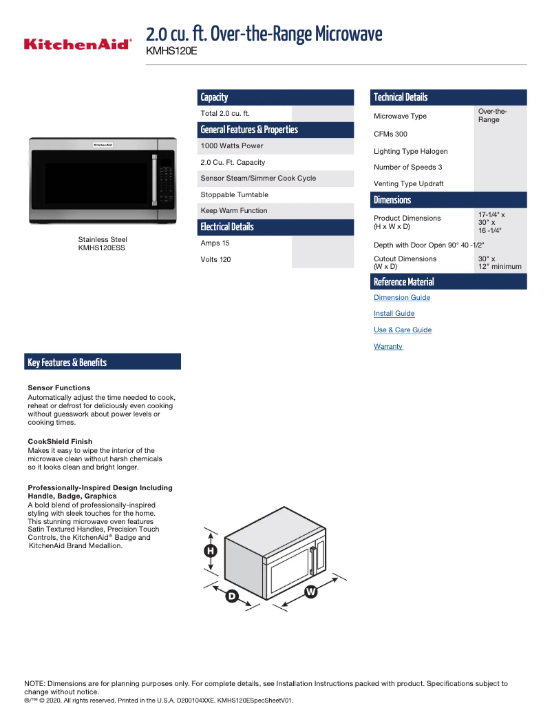 Page 1 de la notice Fiche technique KitchenAid KMHC319ESS