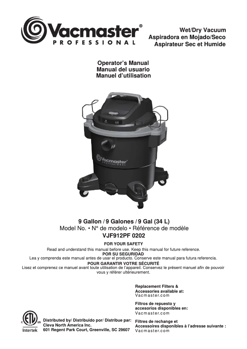 Page n°1 - Manuel utilisateur Vacmaster Professional VJF912PF 0202