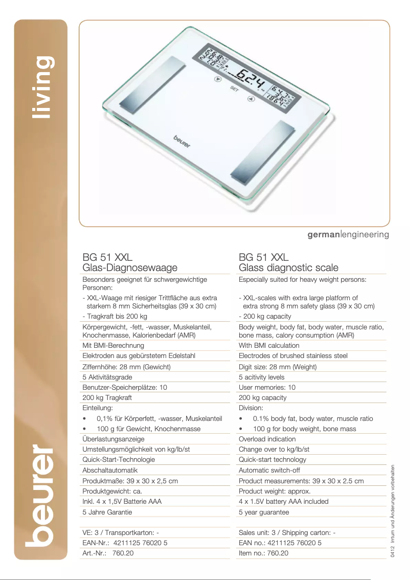 Page 1 of the manual Technical Sheet Beurer BG 51 XXL