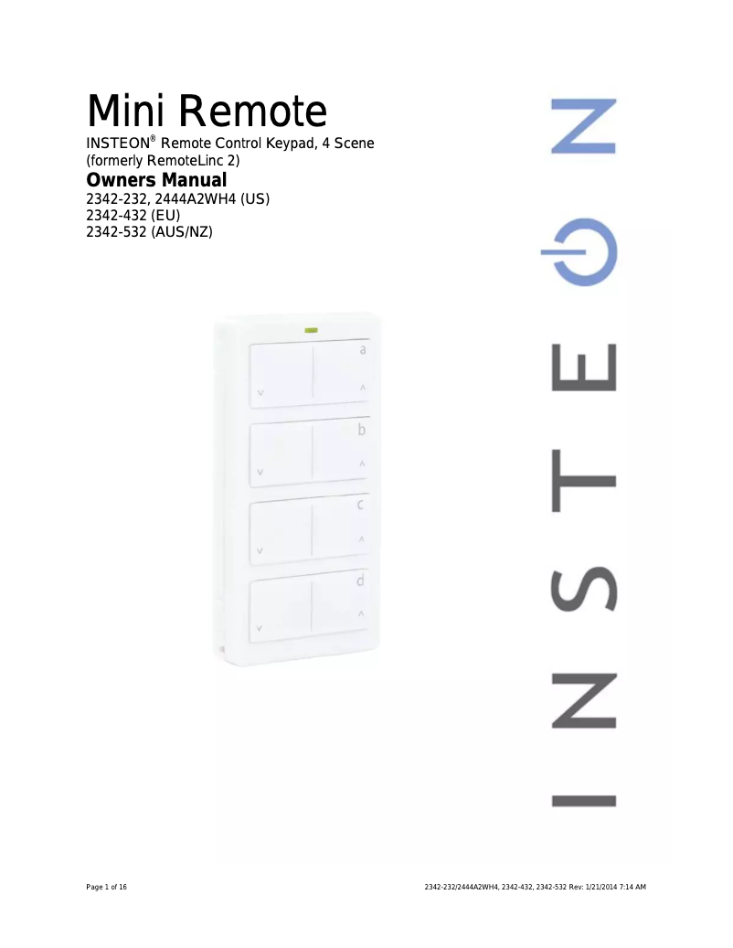 Page n°1 - Manuel utilisateur Insteon Mini Remote 4 Scene