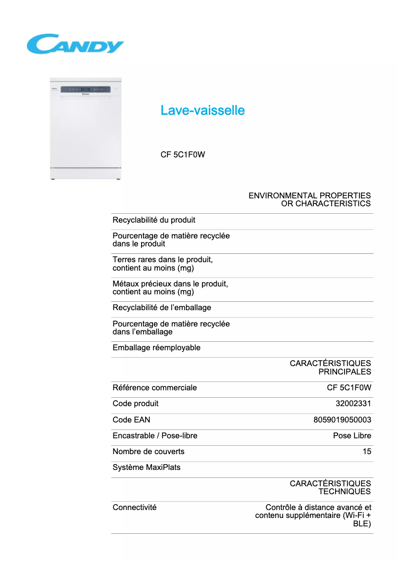 Page 1 de la notice Fiche technique Candy CF 5C1F0W