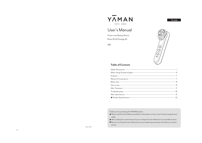 Page n°1 - Manuel utilisateur YA-MAN Photo PLUS Prestige SS