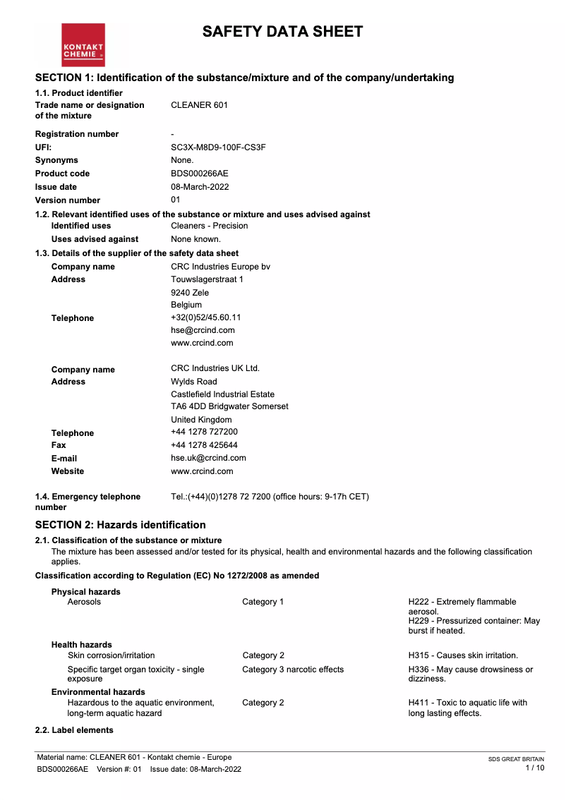 Page n°1 - Manuel utilisateur Kontakt Chemie CLEANER 601
