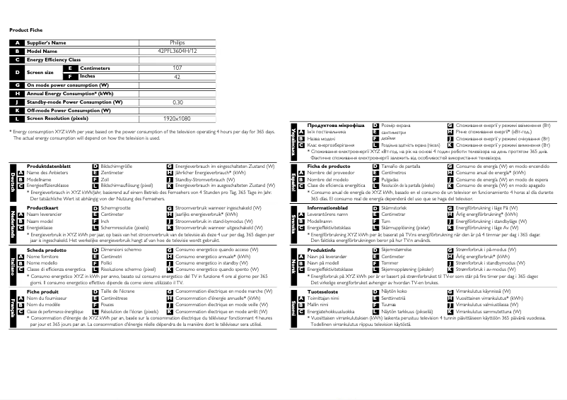 Page 1 de la notice Fiche technique Philips 42PFL3604H