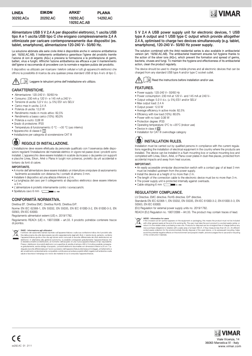 Page 1 de la notice Manuel utilisateur Vimar 20292.AC.N