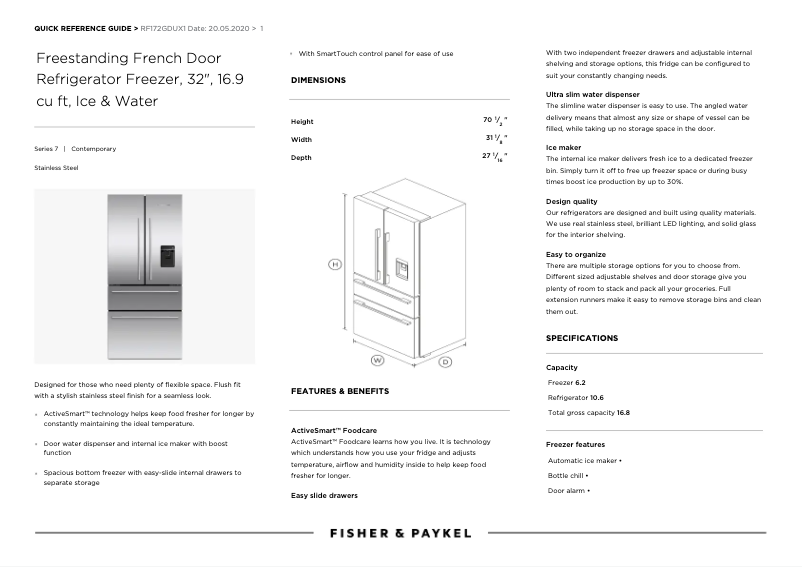 Page n°1 - Guide de démarrage rapide Fisher & Paykel RF172GDUX1