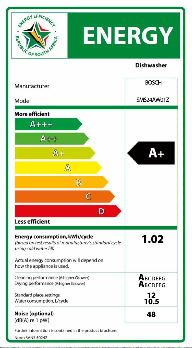Page n°1 - Label énergétique Bosch SMS24AW01Z