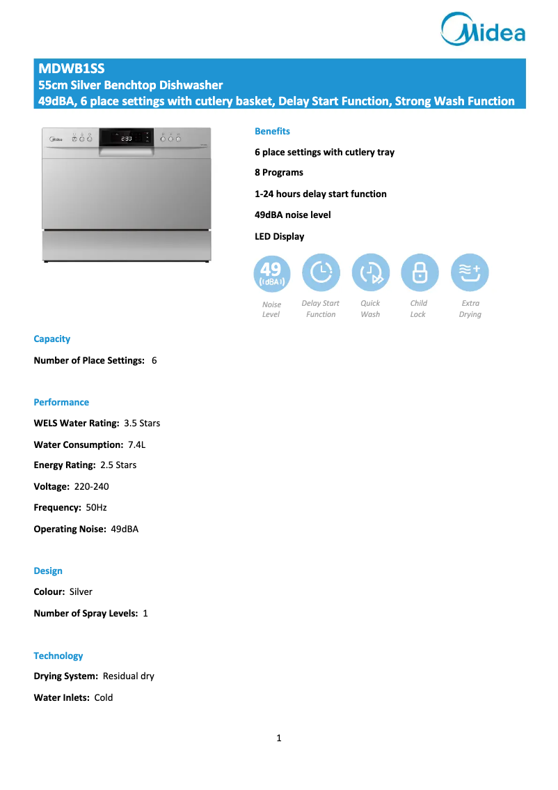 Page n°1 - Fiche technique Midea MDWB1SS