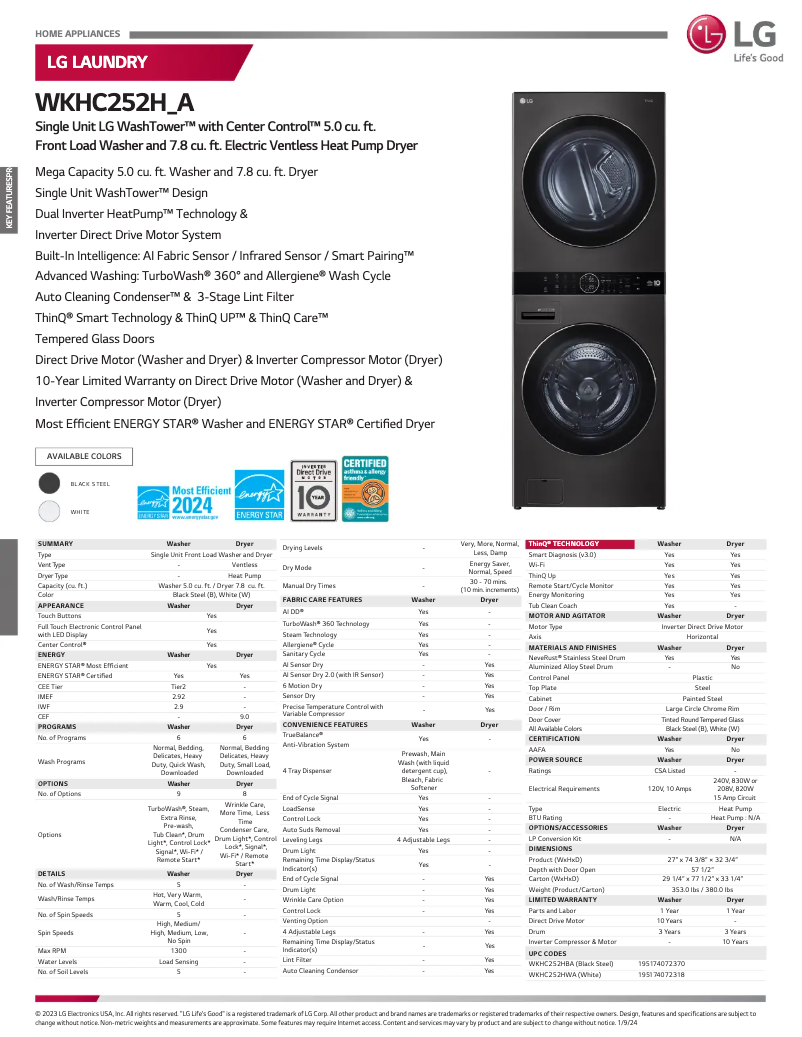 Page 1 de la notice Fiche technique LG WKHC252HBA