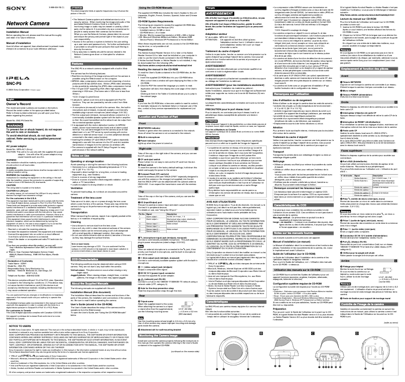 Page 1 de la notice Manuel utilisateur Sony SNC-P5