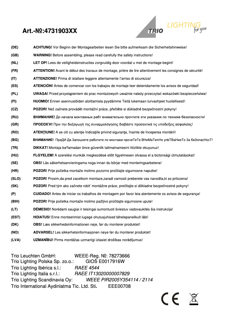 Page 1 de la notice Manuel utilisateur Trio Lighting Narcos 473190331