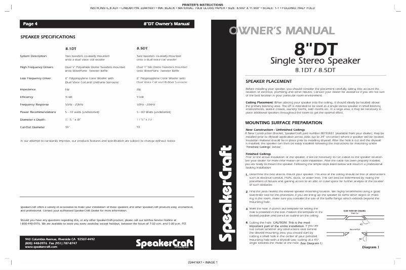 Page 1 de la notice Manuel utilisateur SpeakerCraft DT8 Zero