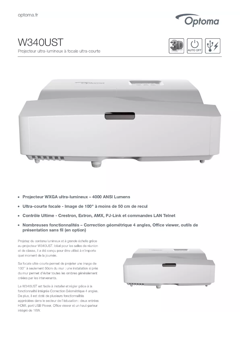 Page 1 de la notice Fiche technique Optoma W340UST