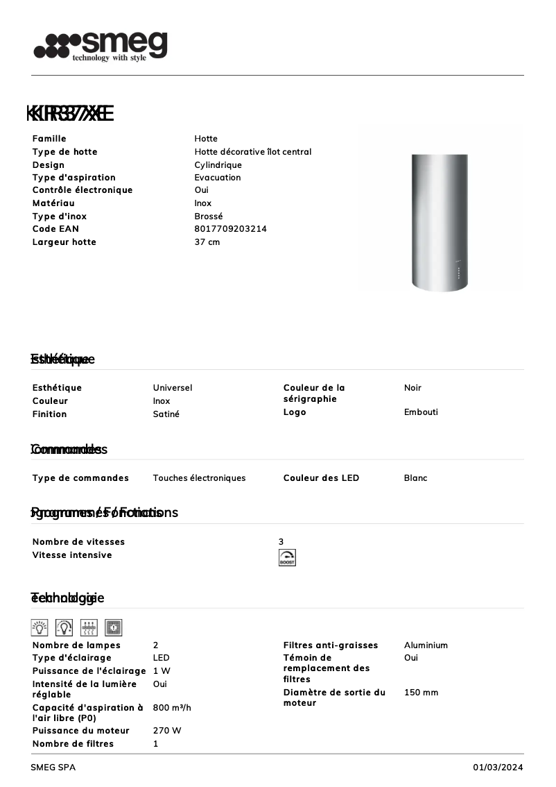 Page 1 de la notice Fiche technique Smeg KIR37XE