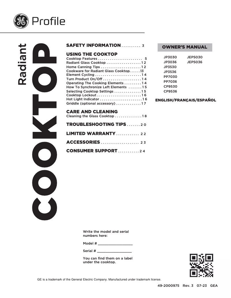 Page n°1 - Manuel d'utilisation et d'entretien GE JP3030DWBB