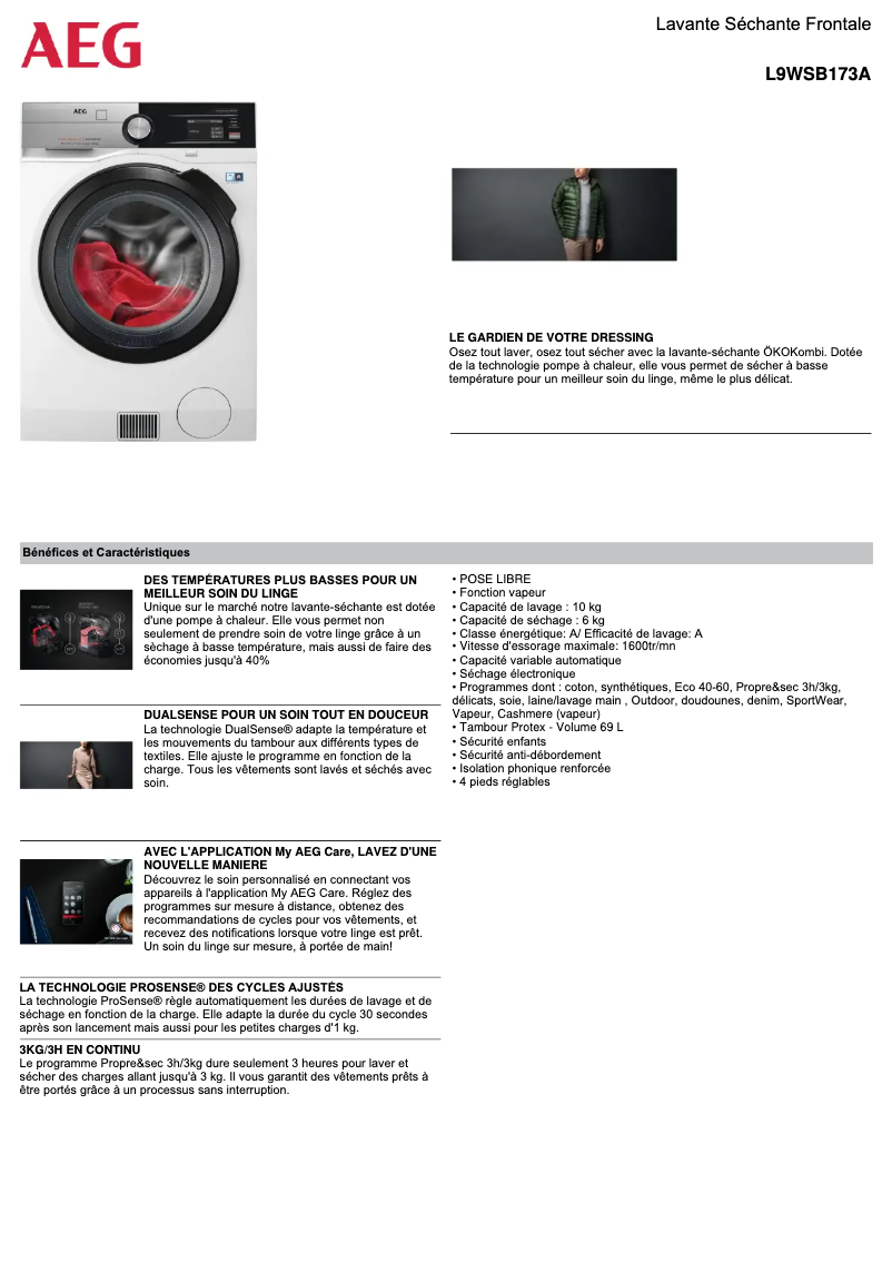 Page n°1 - Fiche technique AEG L9WSB173A
