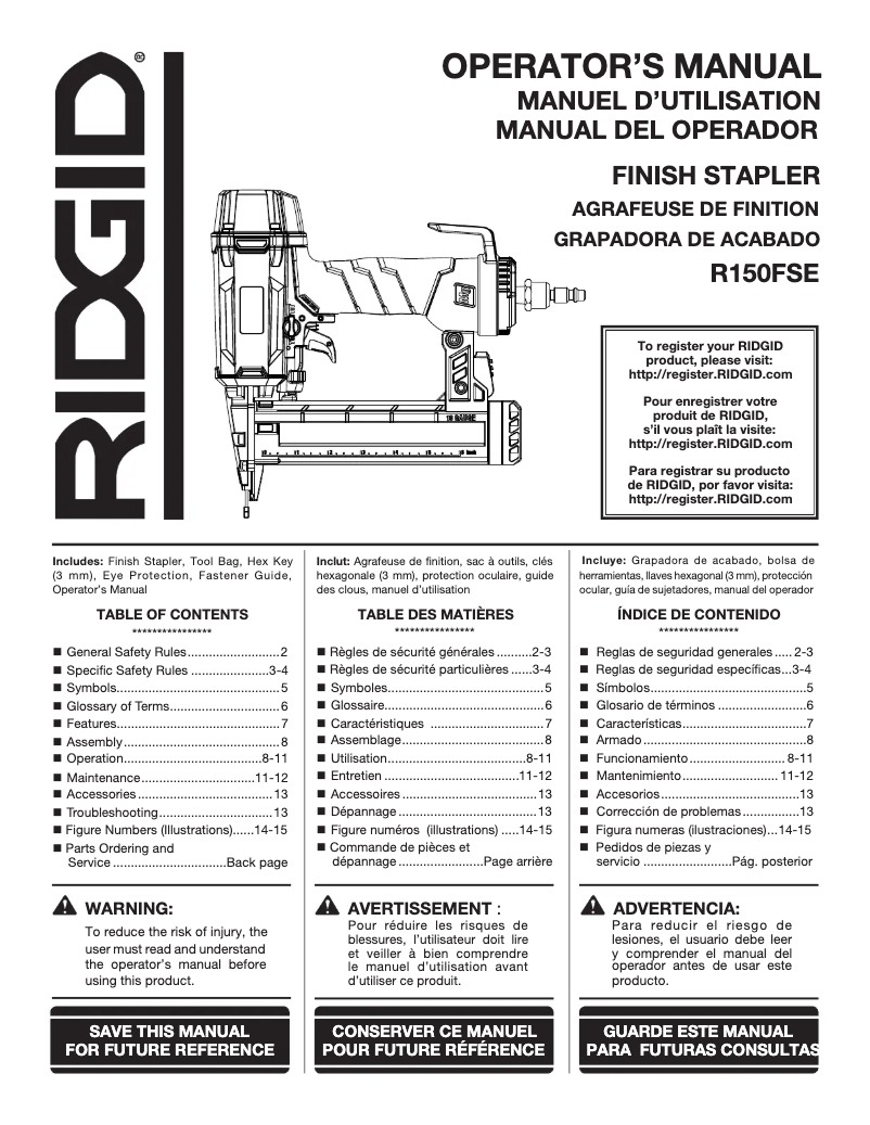 Page 1 de la notice Manuel utilisateur Ridgid R150FSF