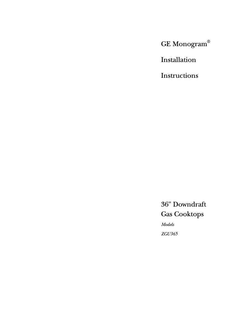 Page 1 de la notice Guide d'installation GE ZGU365DBBBG