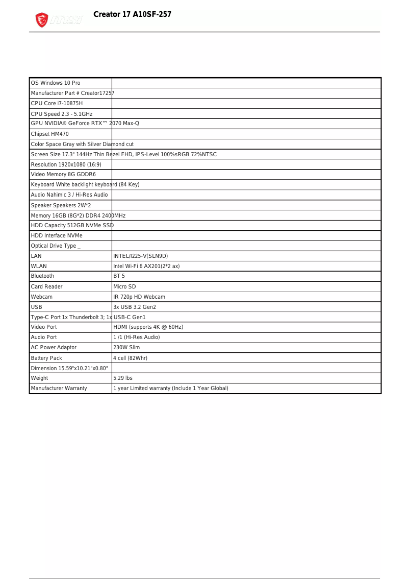 Page n°1 - Fiche technique MSI Creator 17