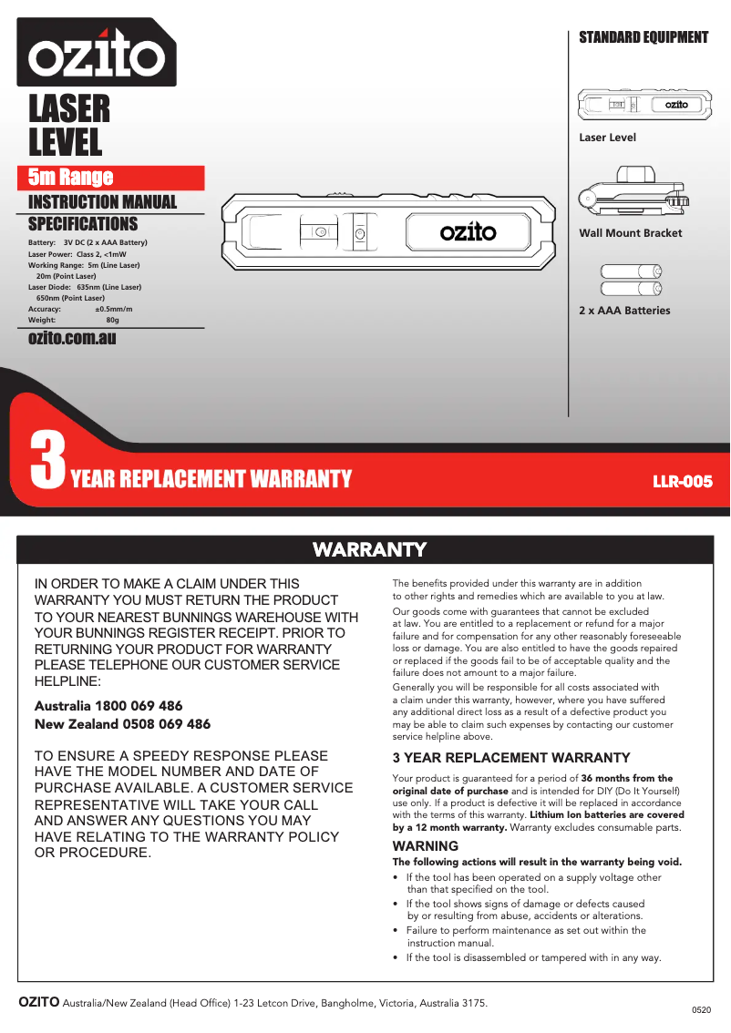 Imagen de la primera página del manual del dispositivo LLR-005
