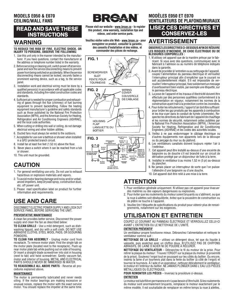 Page 1 de la notice Manuel utilisateur Broan E0F70