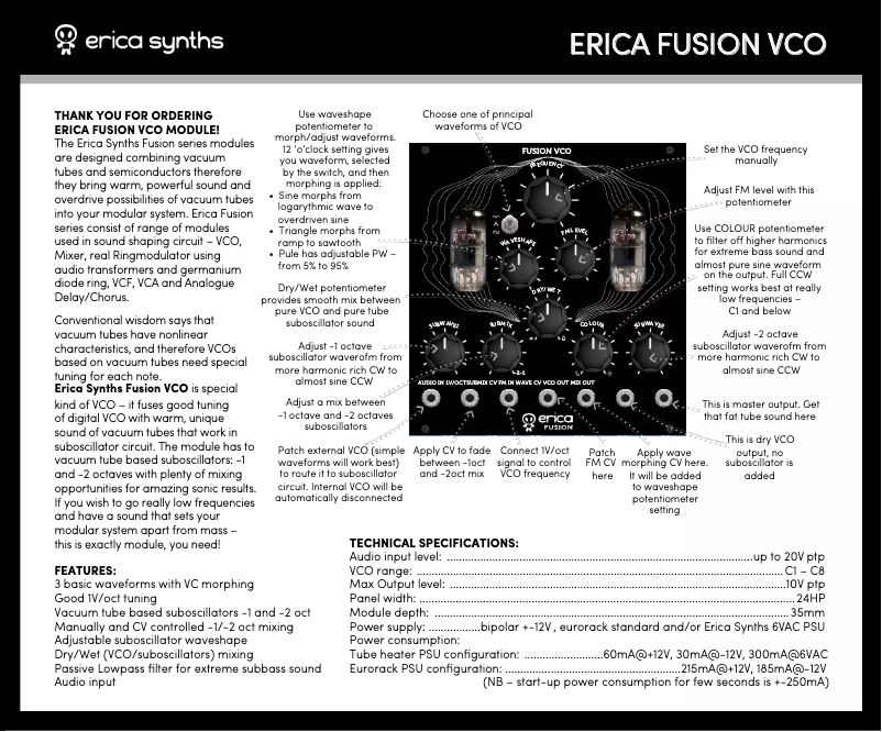 Page 1 de la notice Manuel utilisateur Erica Synths Fusion VCO