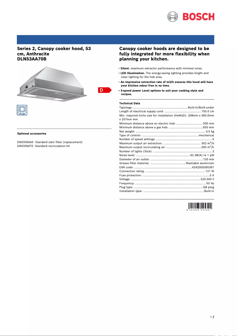 Page 1 de la notice Fiche technique Bosch Serie 2 DLN53AA70B